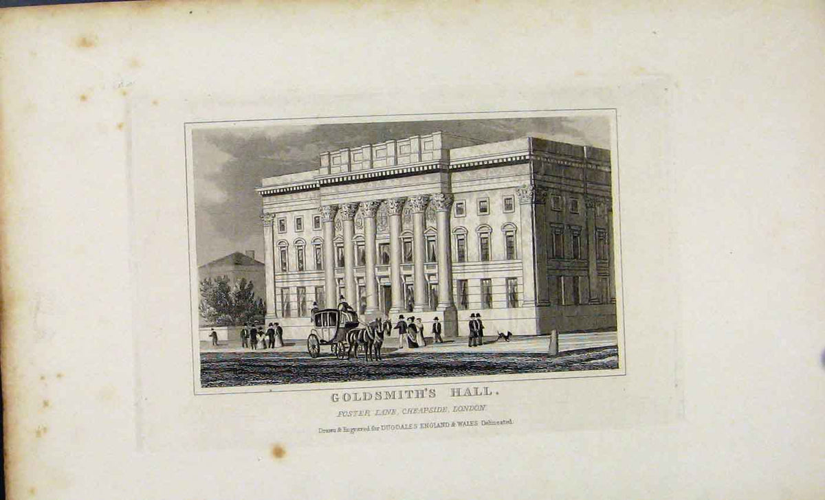 Original Old Antique Print C1845 Gsmiths Hall Cheapside London 19th