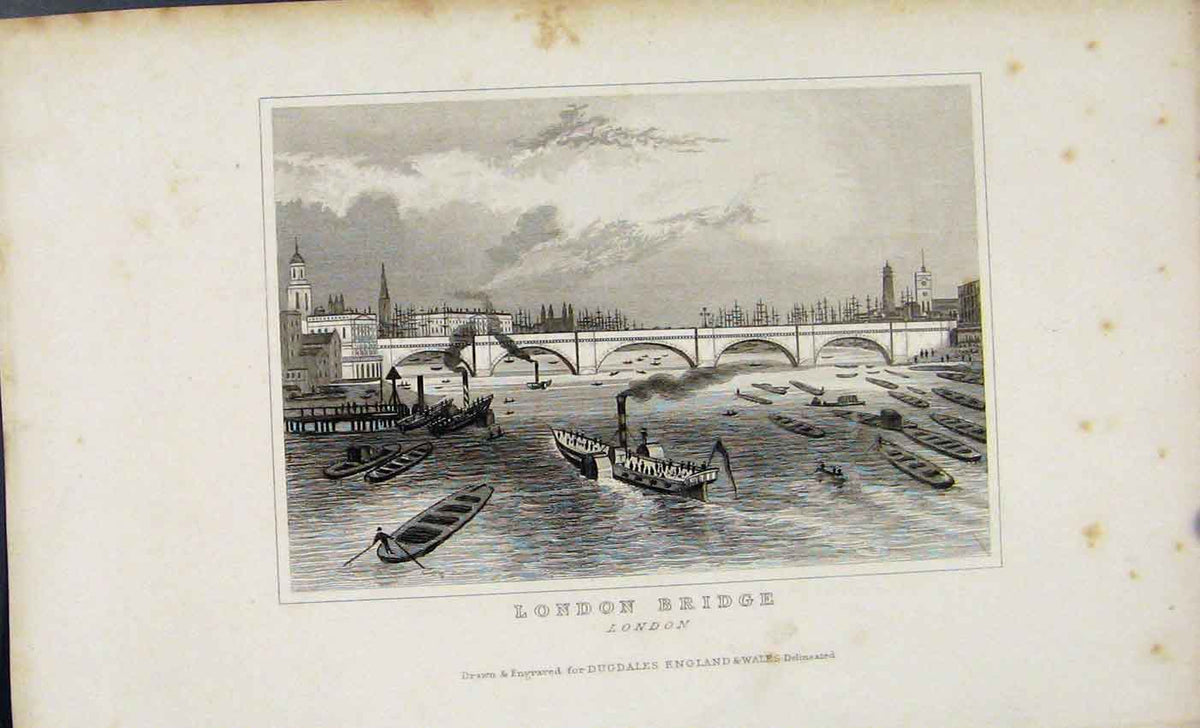 Original Old Antique Print C1845 London Bridge England Dugdale Fine Art 19th