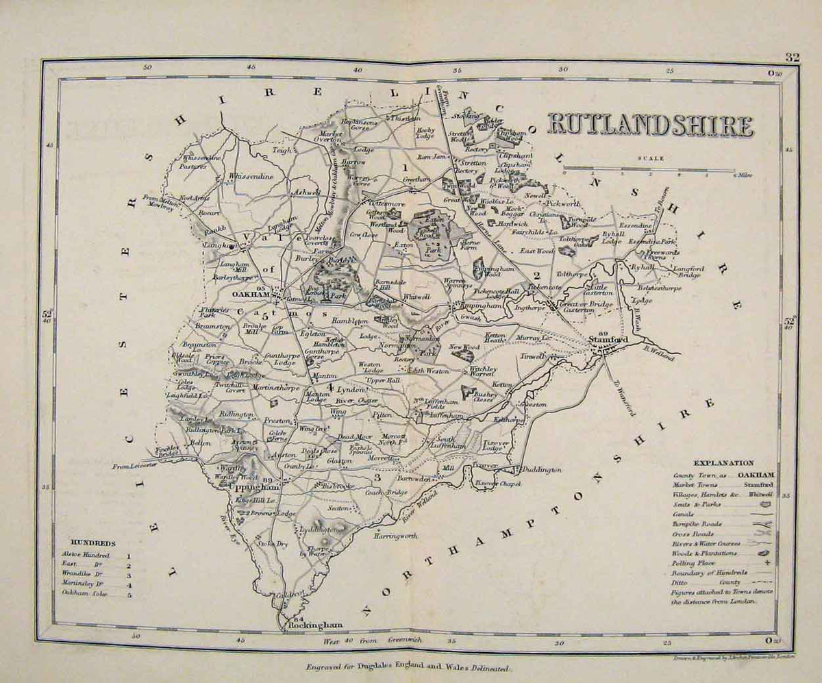 Original Old Antique Print Dugdale C1840 Map Rutlandshire England 19th