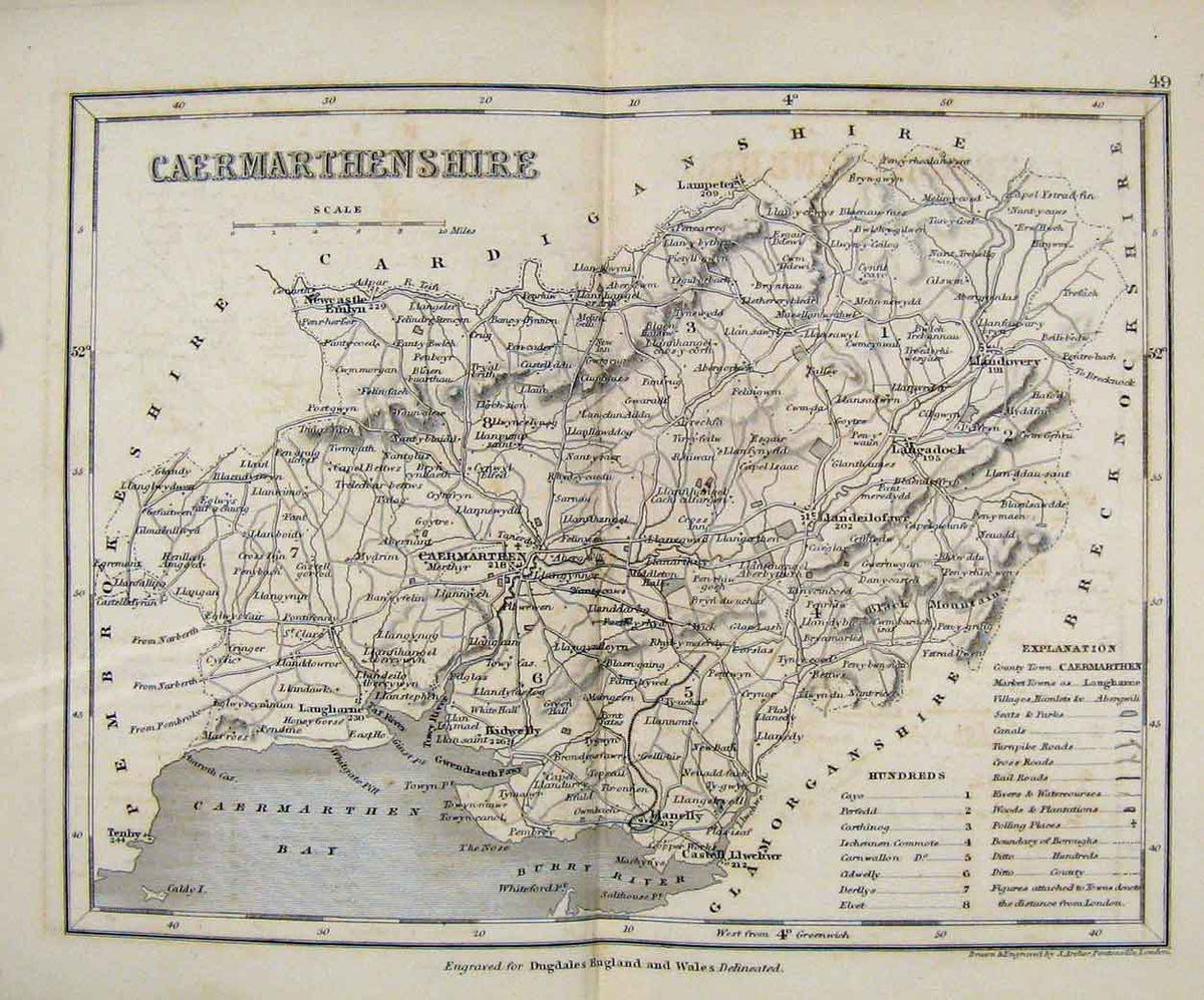 Original Old Antique Print Dugdale C1840 Map Caermarthenshire 19th