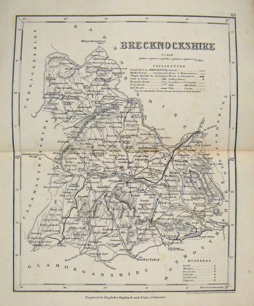 Original Old Antique Print Dugdale C1840 Mapbrecknockshire England Victorian