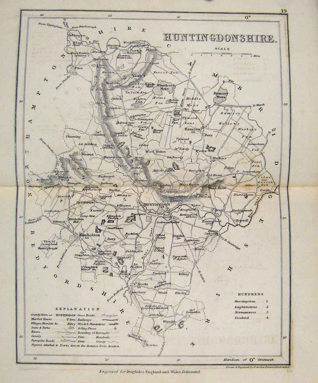 Original Old Antique Print Dugdale C1840 Maphuntingdonshire England Victorian