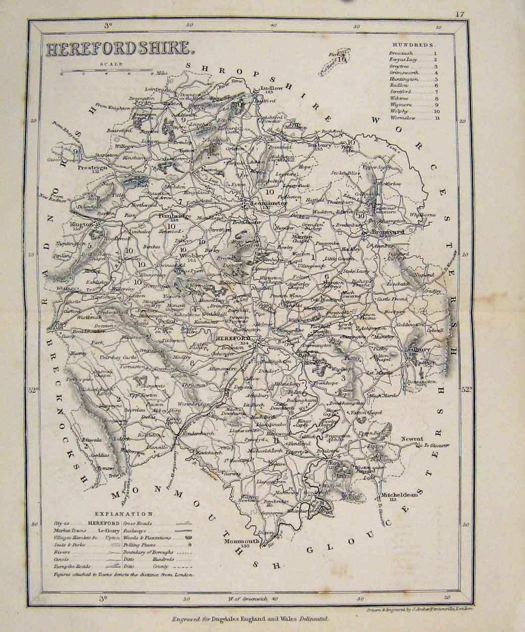 Original Old Antique Print Dugdale C1840 Maphertfordshire England 19th