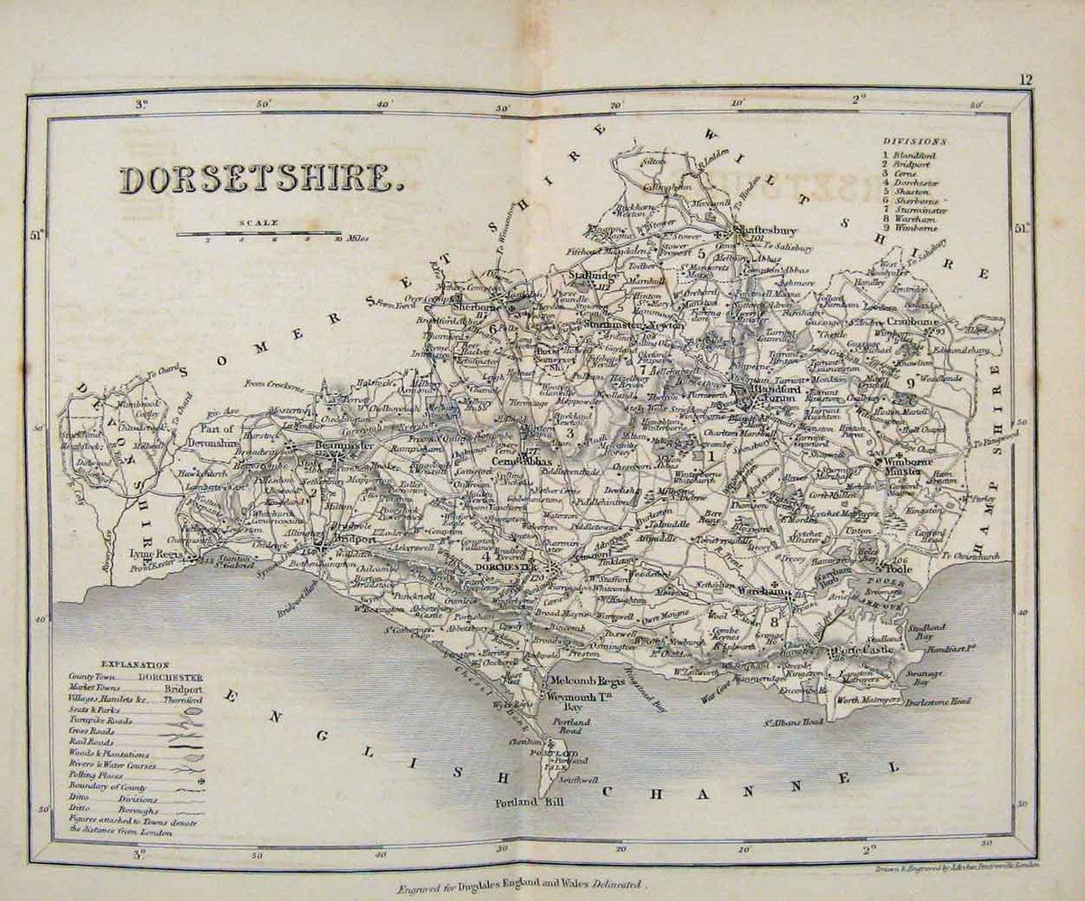 Original Old Antique Print Dugdale C1840 Map Dorsetshire England 19th