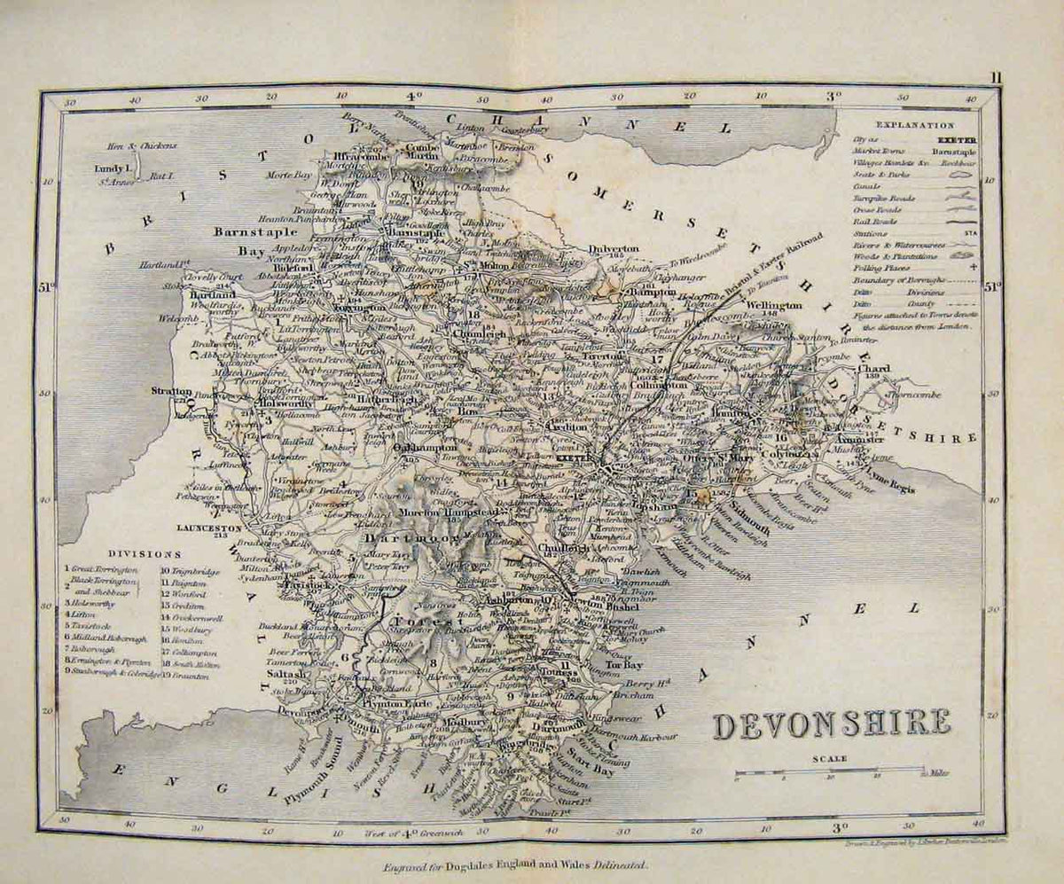 Original Old Antique Print Dugdale C1840 Map Devonshire England 19th