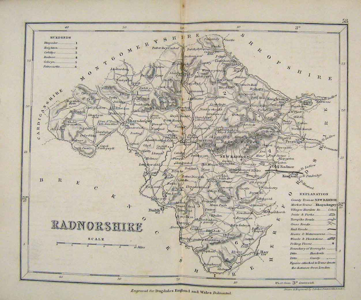 Original Old Antique Print Dugdale C1840 Map Radnorshire England 19th