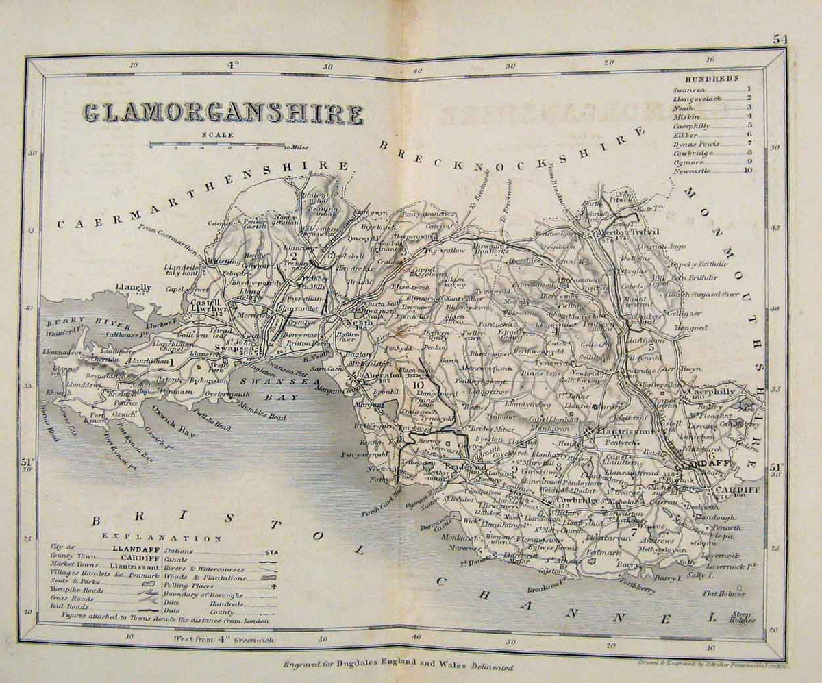 Original Old Antique Print Dugdale C1840 Mapglamorganshire England Victorian