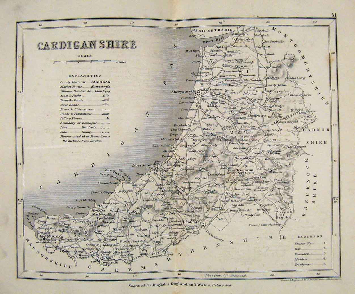 Original Old Antique Print Dugdale C1840 Map Cardiganshrire England Victorian