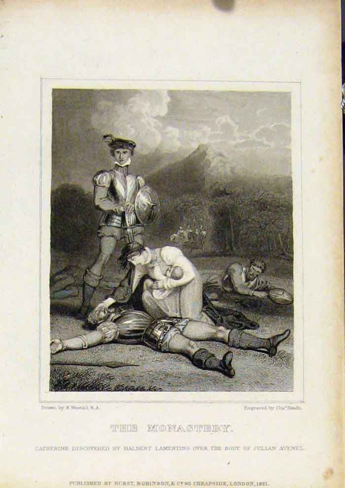 Original Old Antique Print From Waverly Novels By Walter Scott The Monastery