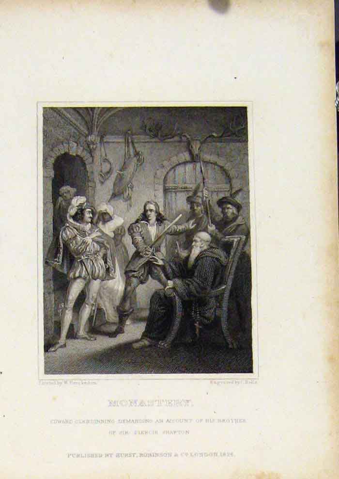 Original Old Antique Print From Waverly Novels By Walter Scott Monastery
