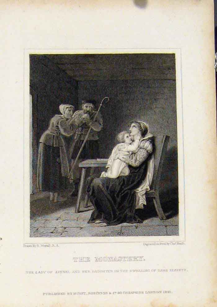Original Old Antique Print From Waverly Novels By Walter Scott Monastery