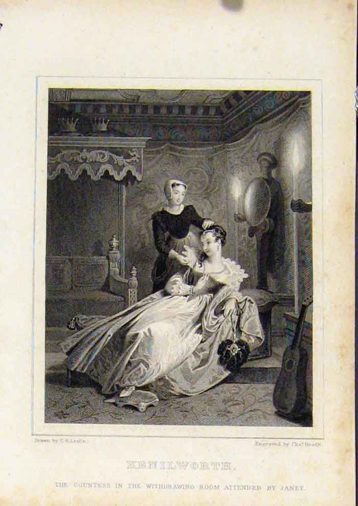 Original Old Antique Print From Waverly Novels By Walter Scott Kenilworth