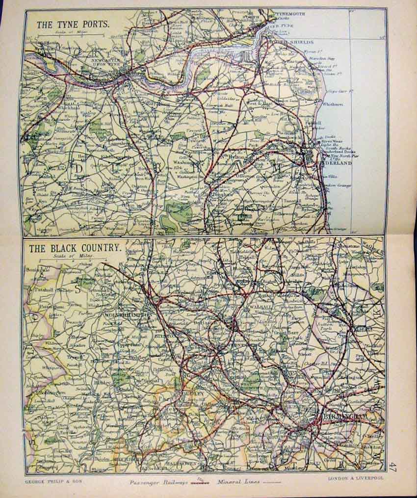 Old Antique Print Philips Atlas Map England C1890 Tyne Ports Black Countr 19th