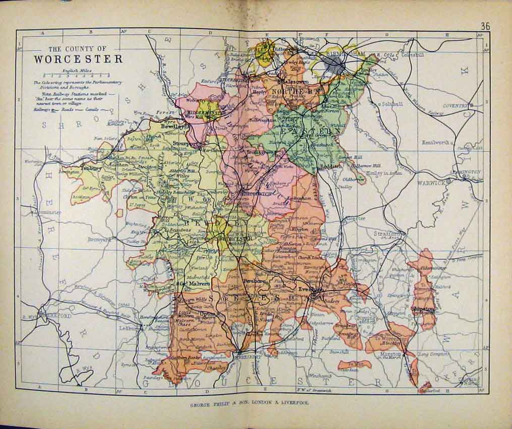 Original Old Antique Print Philips Handy Atlas Map England C1890 Worcester 19th