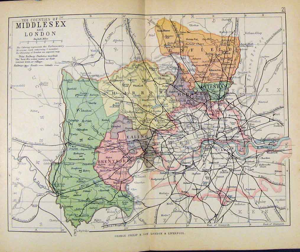 Old Antique Print Philips Handy Atlas Map England C1890 Middlesex London 19th