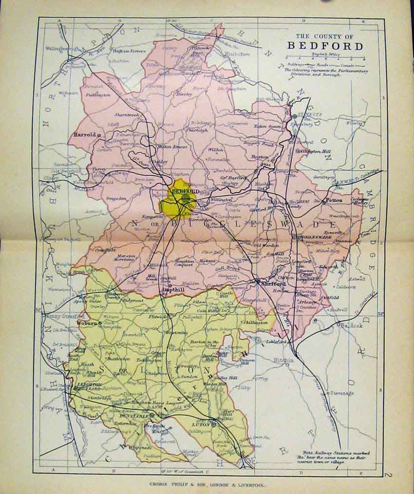 Original Old Antique Print Philips Handy Atlas Map England C1890 Bedford 19th