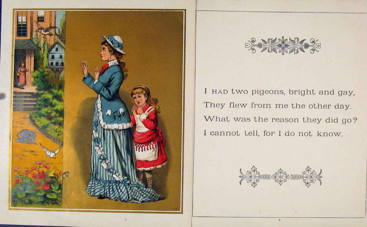 Original Old Antique Print C1875 GI Had Two Pigeons Louisa Gen Gift Victorian