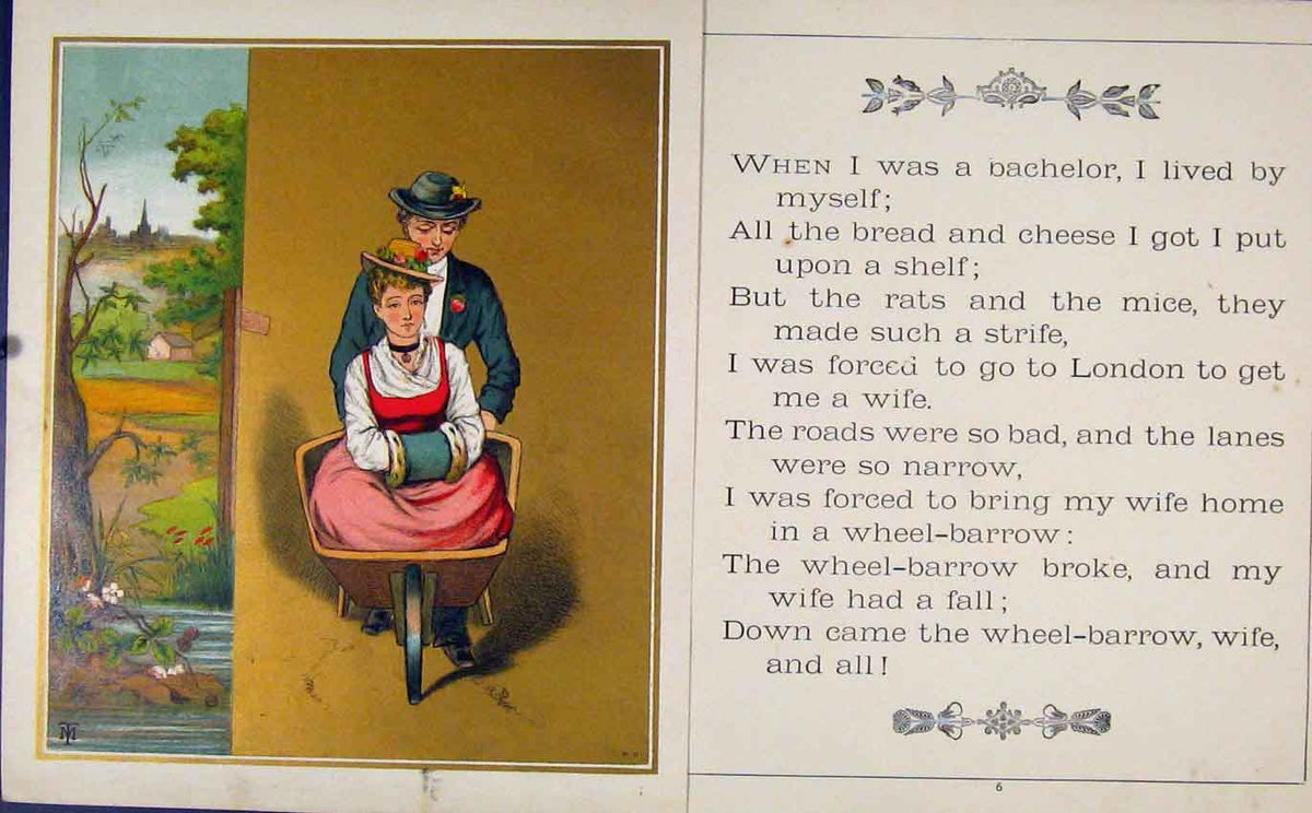 Original Old Antique Print Bringing Home The Wife In A Wheel Barrow Victorian