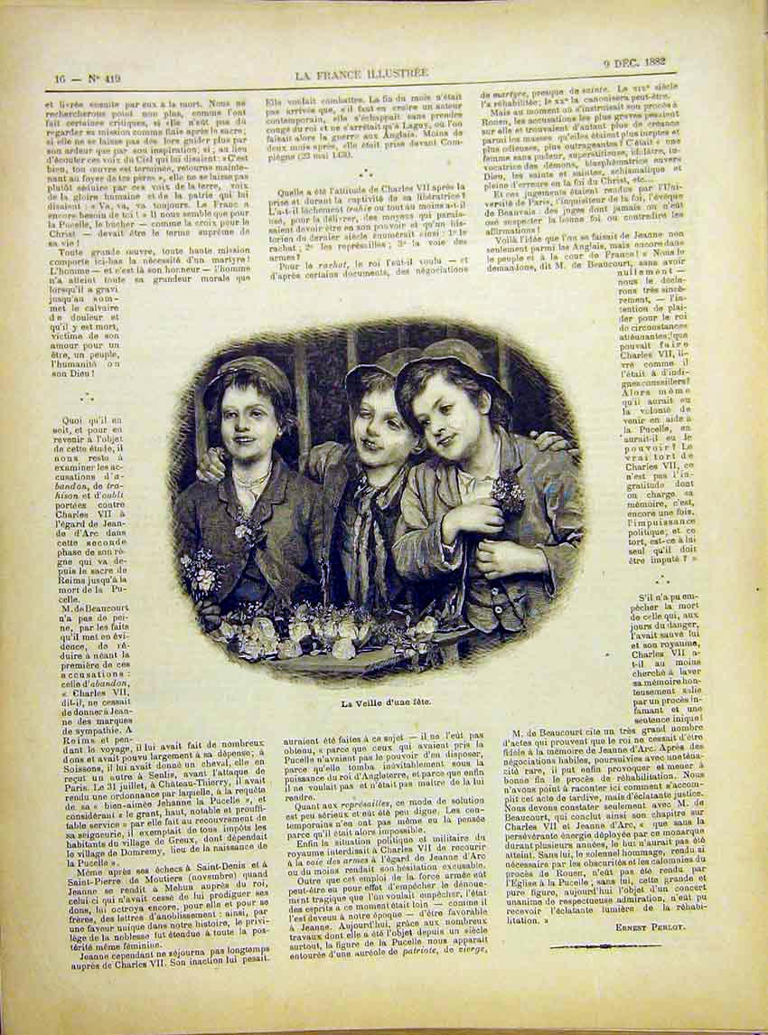 Original Old Antique Print Fete Boys Children Flowers Flower-Seller 1882 19th