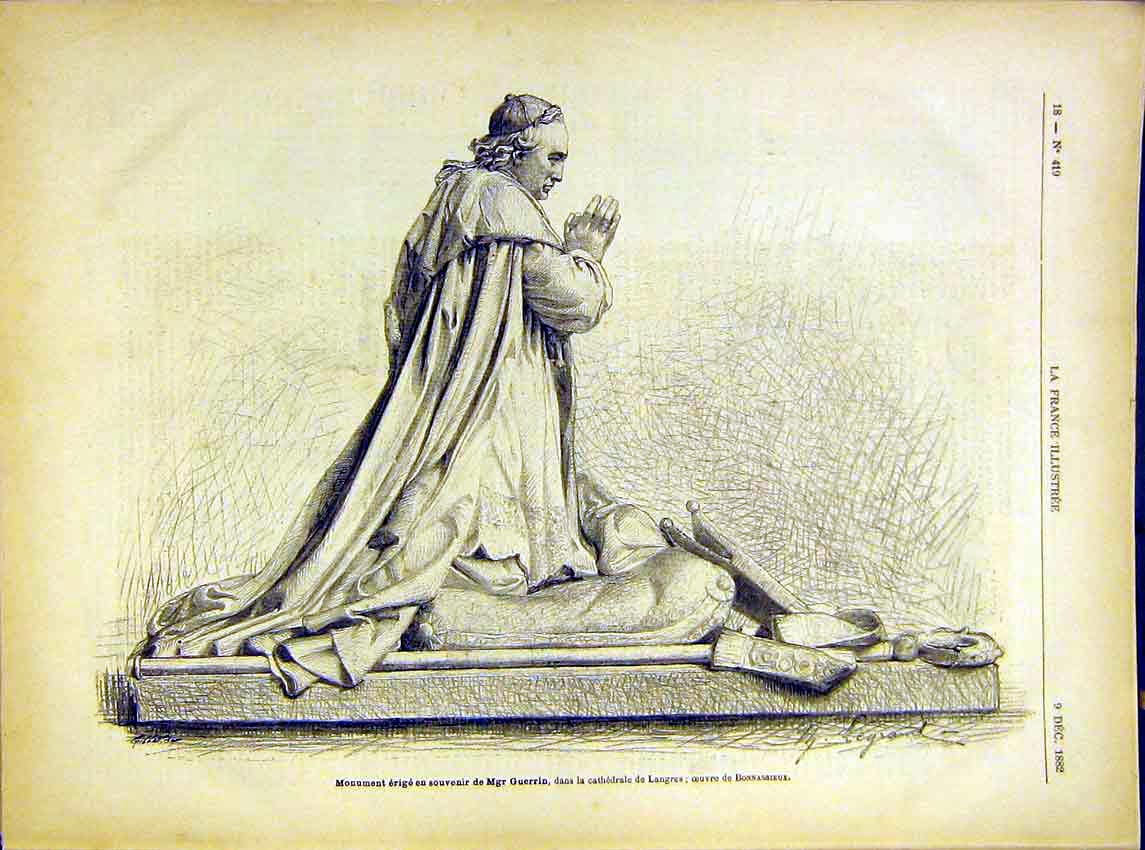 Original Old Antique Print Monument Guerrin Cathedral Langres French 1882 19th
