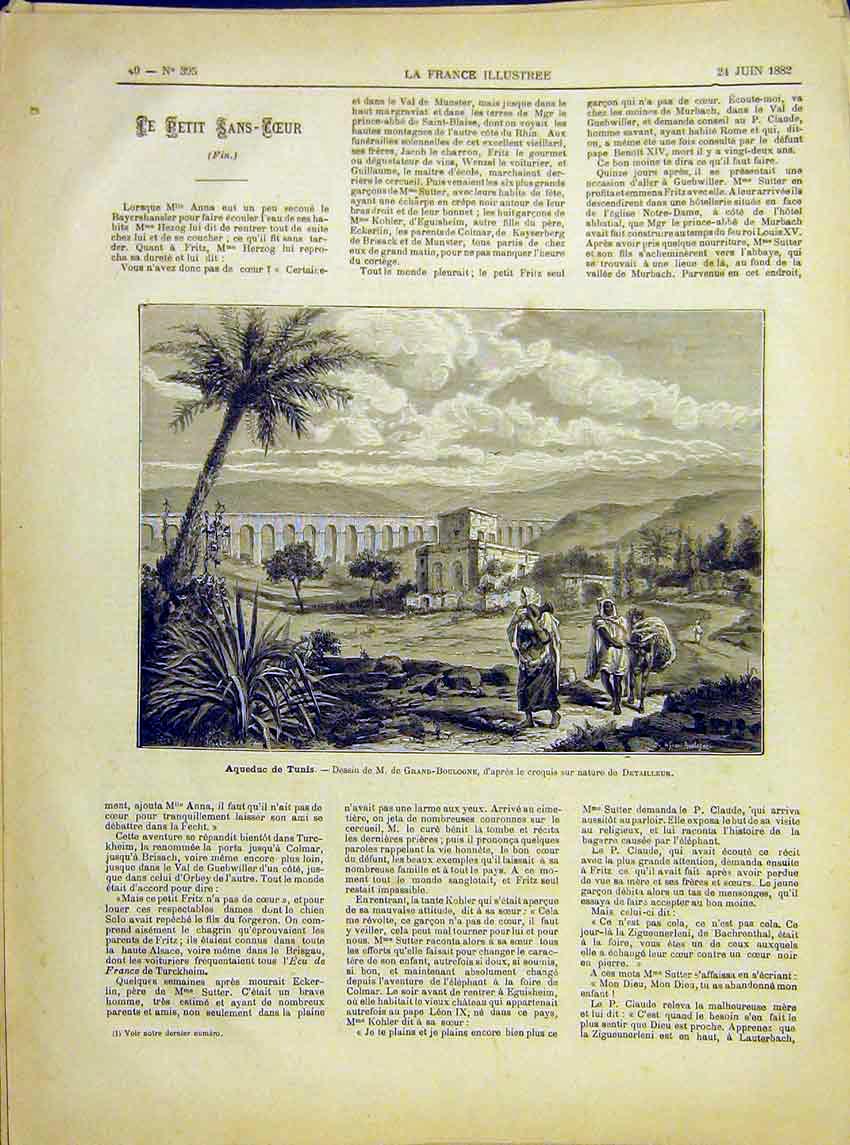 Original Old Antique Print Aqueduct Tunis Tunisia Grand-Boulogne French 1882