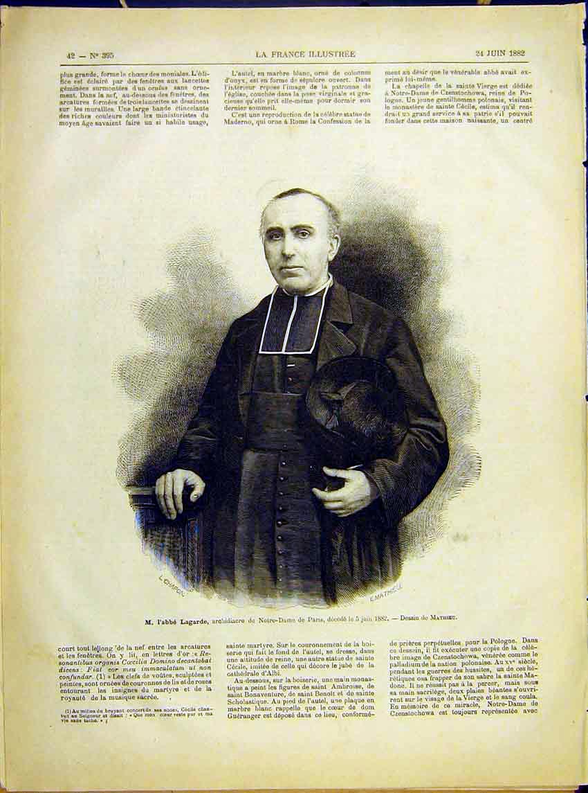 Original Old Antique Print Portrait Bishop Lagarde Notre-Dame Paris 1882 19th
