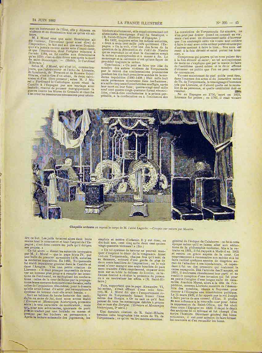Original Old Antique Print Chapel GBishop Lagarde Martin French 1882 Victorian