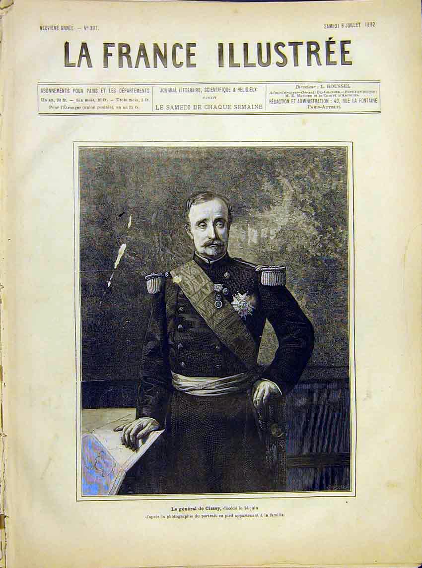 Original Old Antique Print Portrait General Cissey Military French 1882 19th