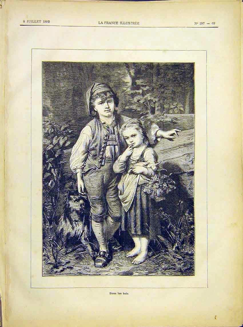 Original Old Antique Print Woods Children Dog Child In-The-Wood Fine Art 1882