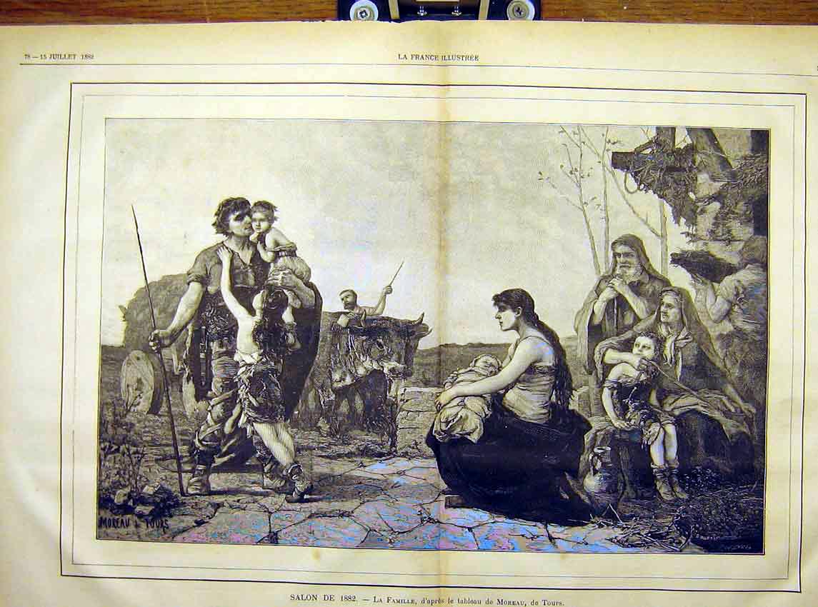 Original Old Antique Print Family Painting Fine Art Moreau Tours French 1882