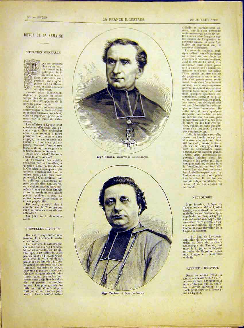 Original Old Antique Print Portrait Foulon Besancon Turinaz Nancy 1882 Victorian