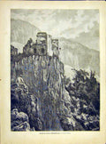 Original Old Antique Print Ruins Castle Hasselbourg Bozen Tyrol French 1882 19th