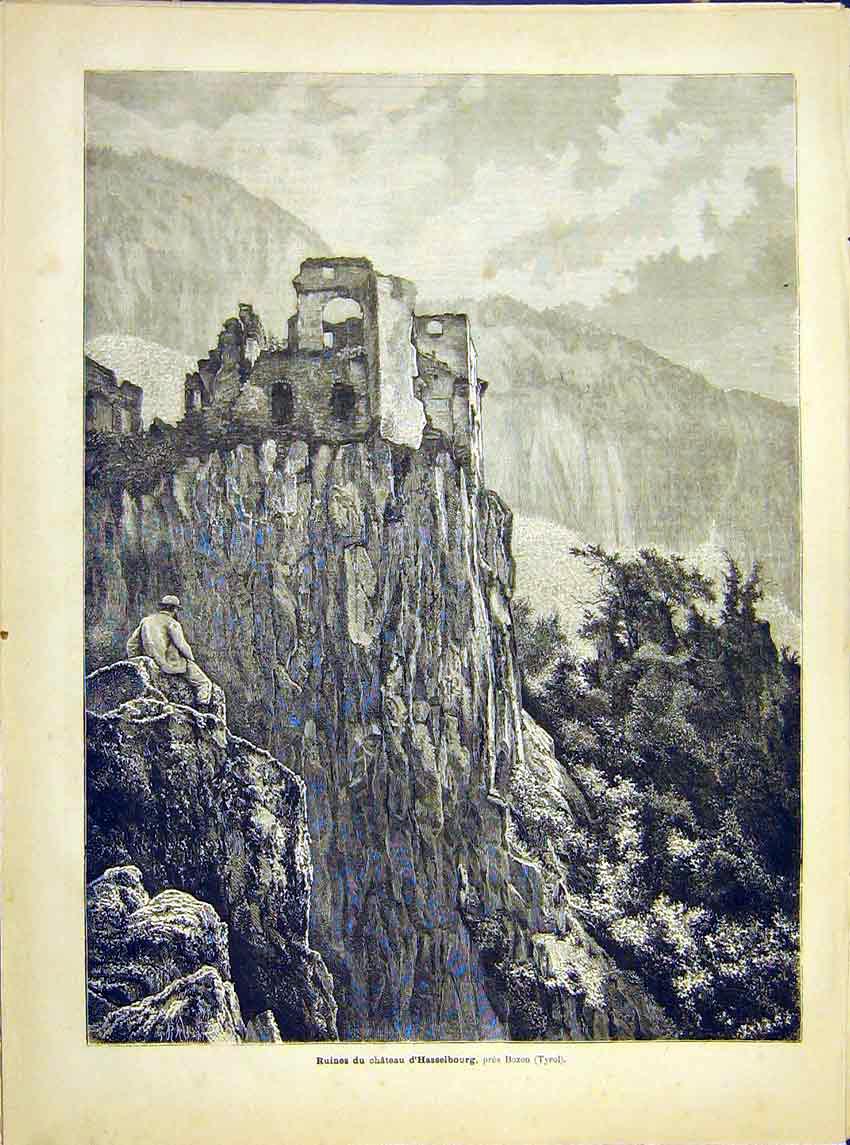 Original Old Antique Print Ruins Castle Hasselbourg Bozen Tyrol French 1882 19th