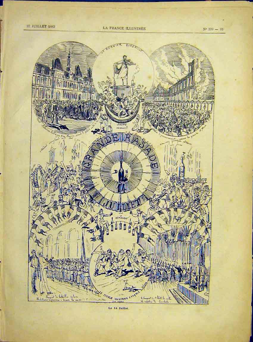 Original Old Antique Print Fourteenth July 14Th Celebrations Fete Carnival 1882