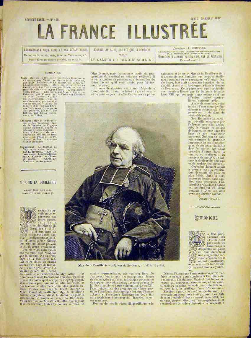 Original Old Antique Print Portrait Bishop Bouillerie Bordeaux French 1882 19th