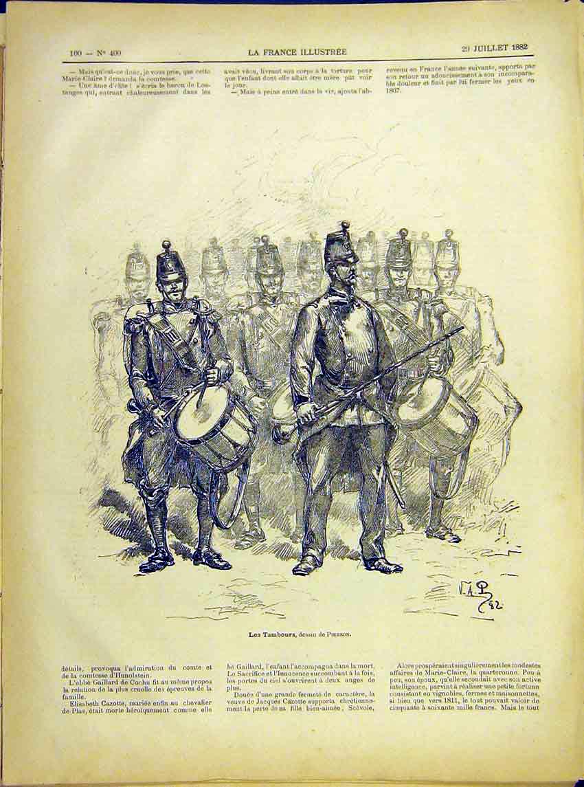 Original Old Antique Print Band Tambours Military Army Pierson French 1882 19th