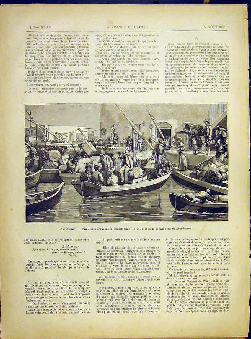 Original Old Antique Print Alexan Rie Families Exodus Village Battle 1882 19th
