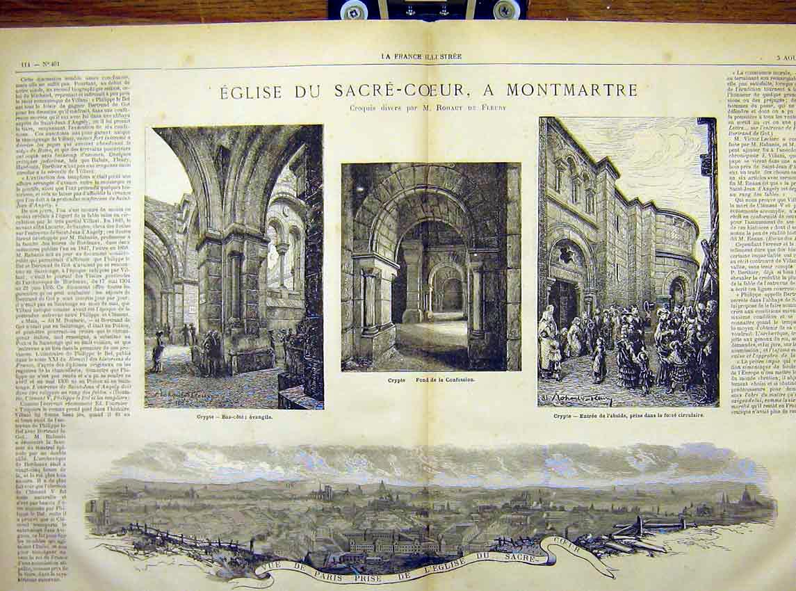Original Old Antique Print Church Sacre-Couer Montmartre Paris France 1882 19th
