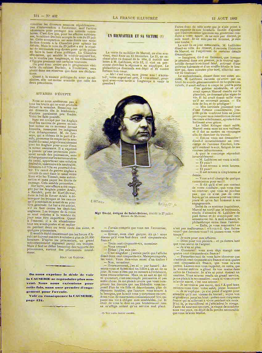 Original Old Antique Print Portrait David Saint-Brieuc Religious French 1882