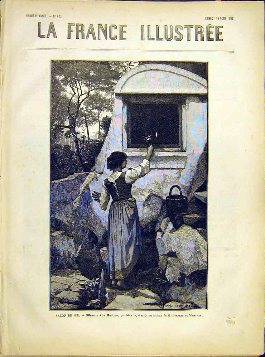 Original Old Antique Print Offering Madonna Lady Grotto Martin Religious 1882