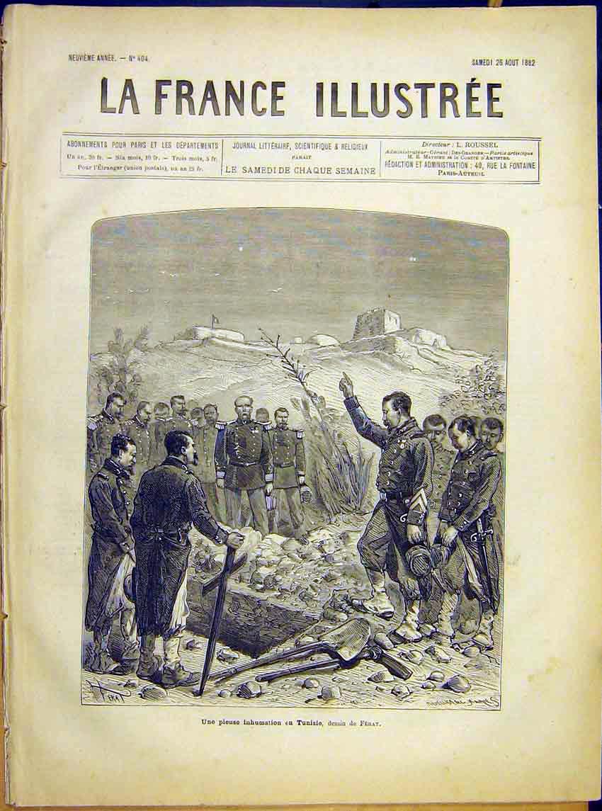 Original Old Antique Print Tunisia Ferat Military Funeral Burial French 1882