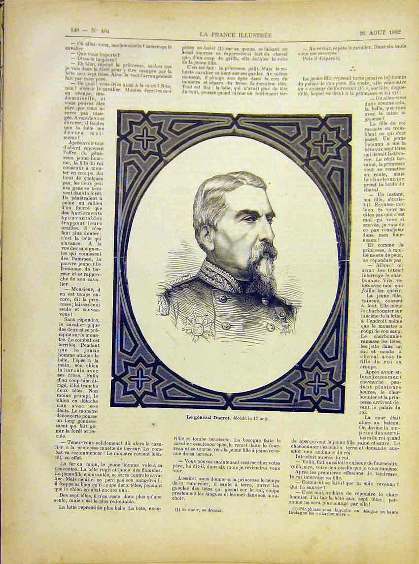 Original Old Antique Print Portrait General Ducrot French 1882 19th