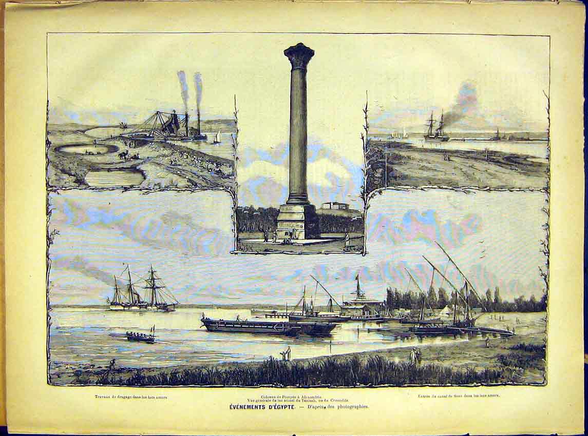 Original Old Antique Print Egypt Suez Canal Pompeii Column French 1882 Victorian