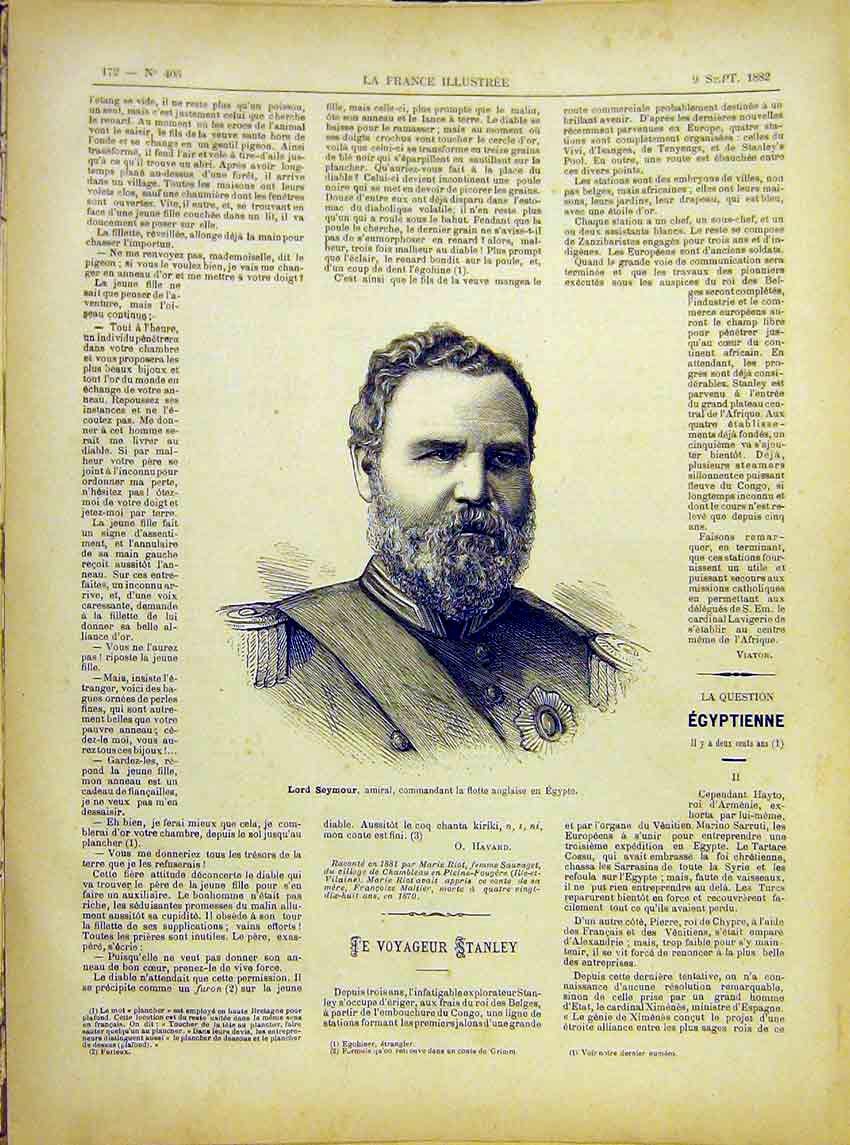 Original Old Antique Print Portrait Lord Seymour Admiral Egypt French 1882 19th