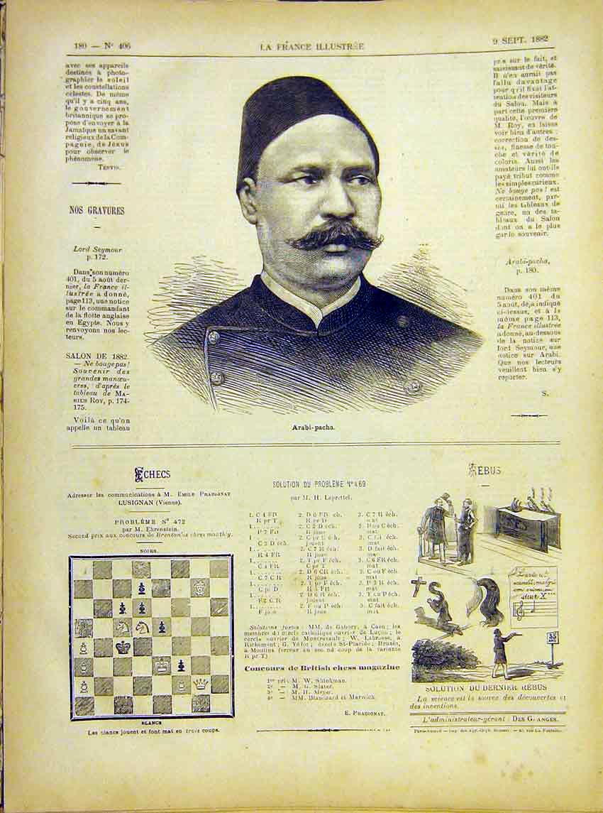 Original Old Antique Print Portrait Arabi-Pasha French 1882 19th
