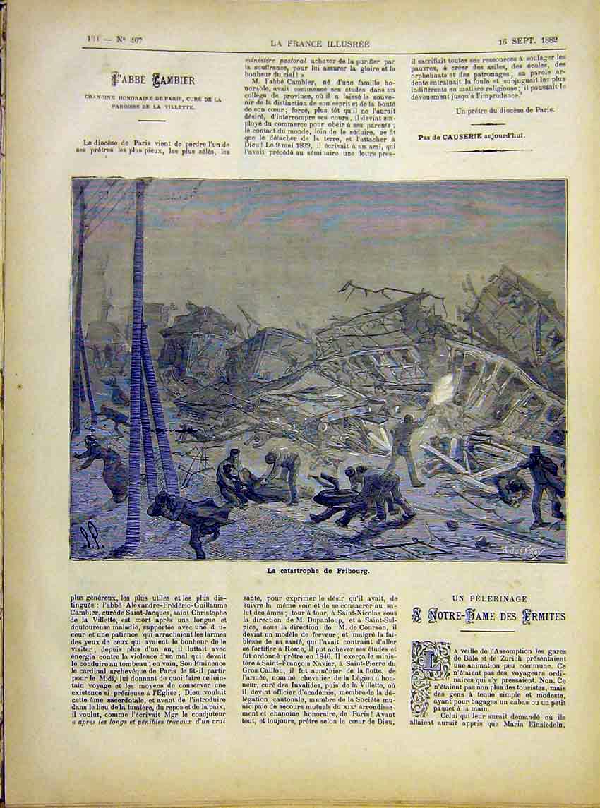 Original Old Antique Print Fribourg Catastrophe Railway Accident French 1882