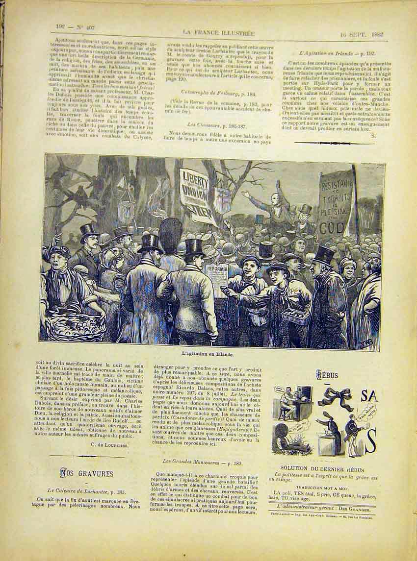 Original Old Antique Print Ireland Unrest Irish Demonstration French 1882 19th