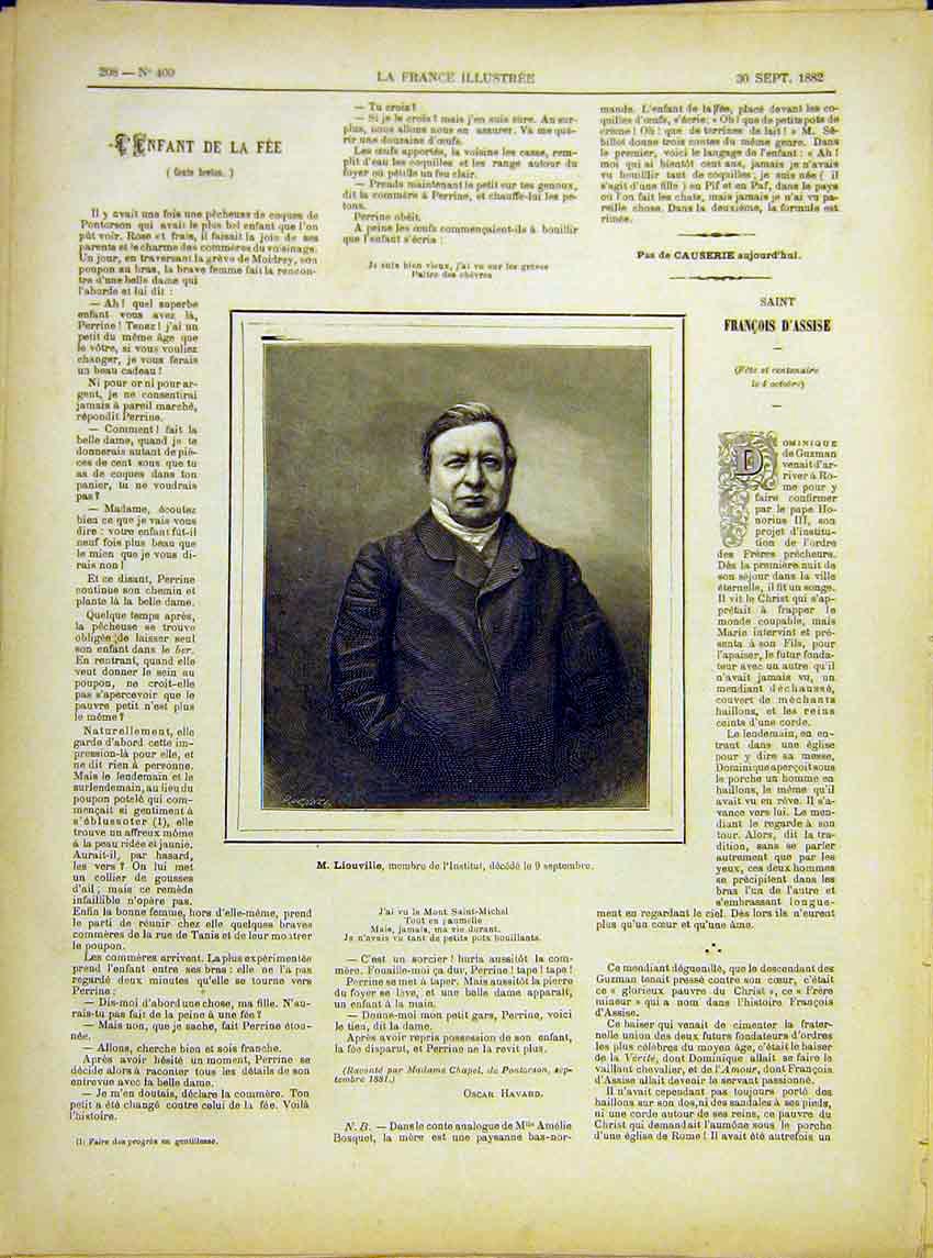 Original Old Antique Print Portrait Liouville Institute Member French 1882 19th