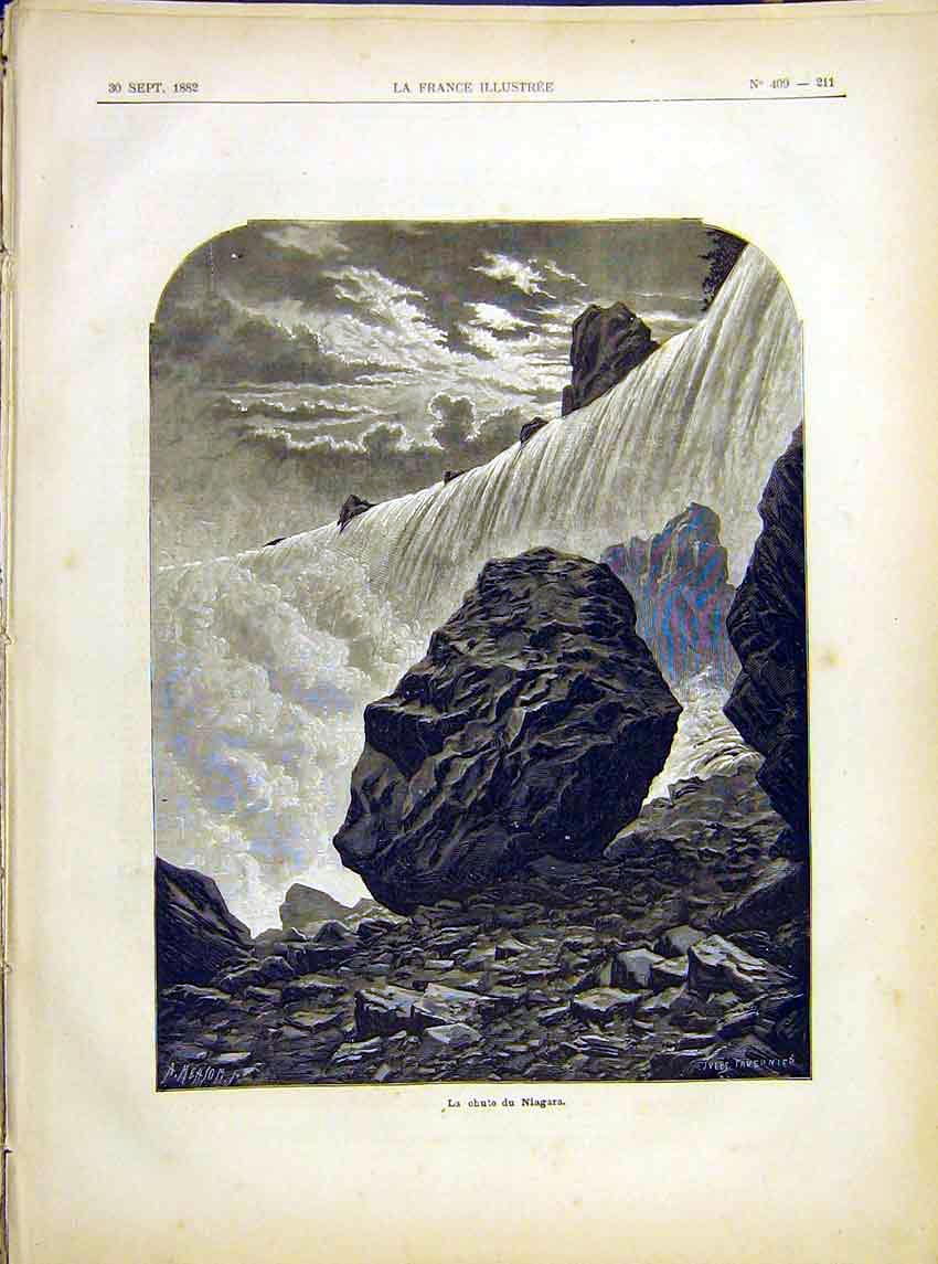Original Old Antique Print Niagara Falls Canada America French 1882 Victorian