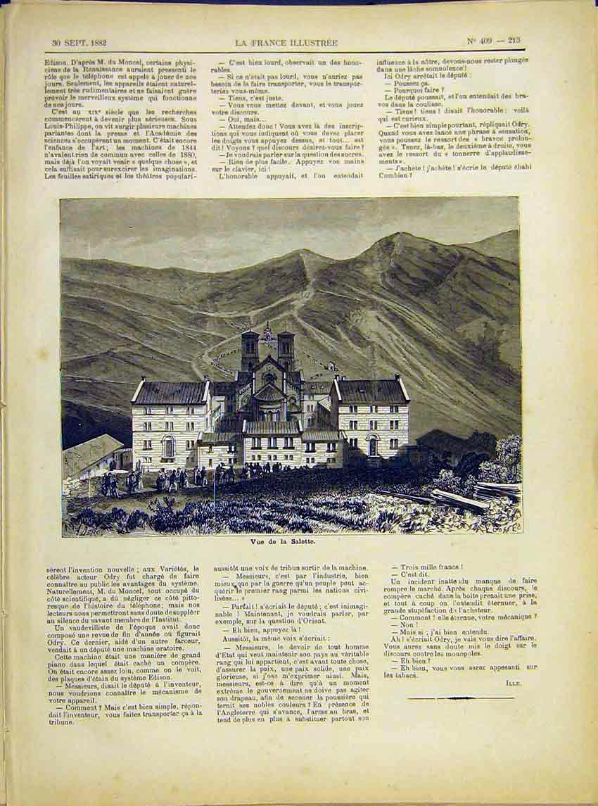 Original Old Antique Print View Salette Building French 1882 19th